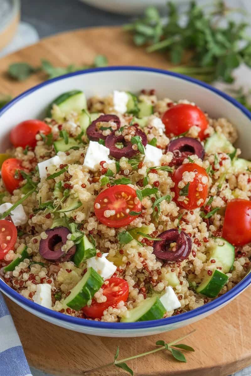 A colorful Mediterranean Quinoa Salad served in a bowl, featuring quinoa, cherry tomatoes, cucumber, olives, and feta cheese.