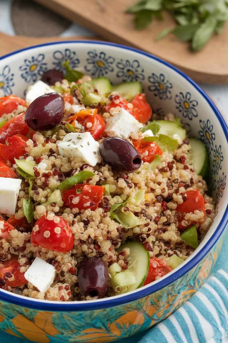 A vibrant Mediterranean Quinoa Salad with colorful vegetables and feta cheese in a decorative bowl.