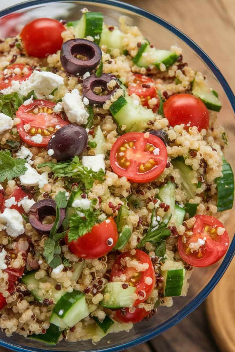 A colorful bowl of Mediterranean Quinoa Salad with Feta, featuring quinoa, cucumbers, cherry tomatoes, olives, and feta cheese.