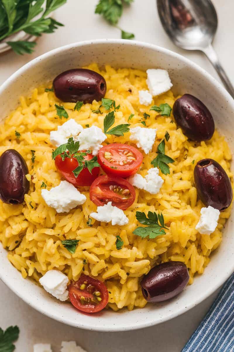 Mediterranean rice dish topped with olives, feta, and cherry tomatoes.