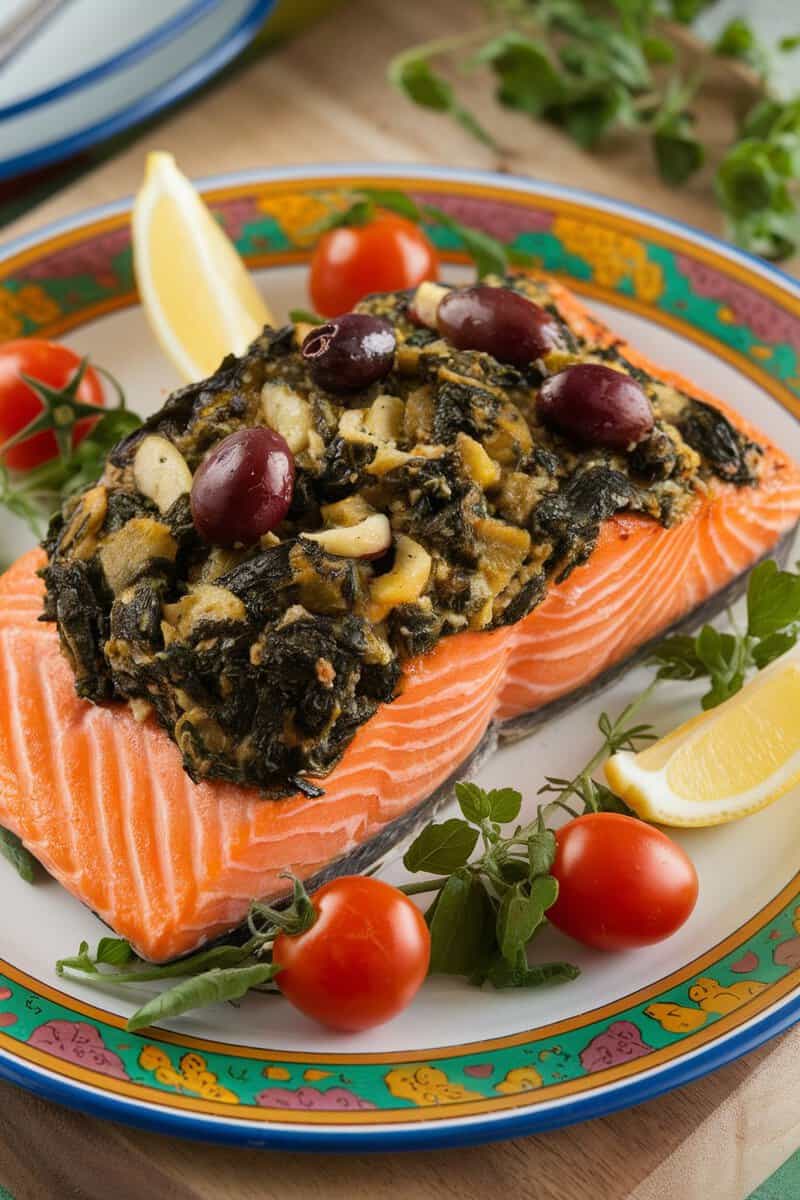 Mediterranean stuffed salmon with spinach and olives