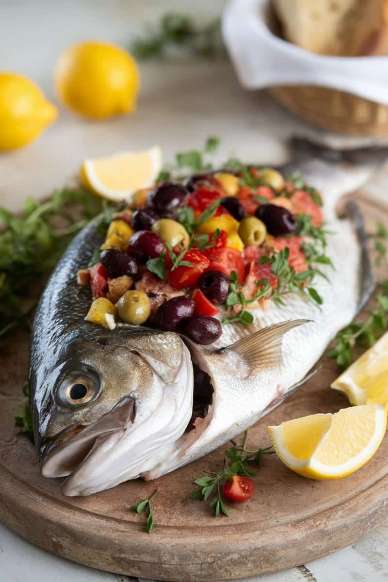 Mediterranean stuffed fish with vegetables and herbs