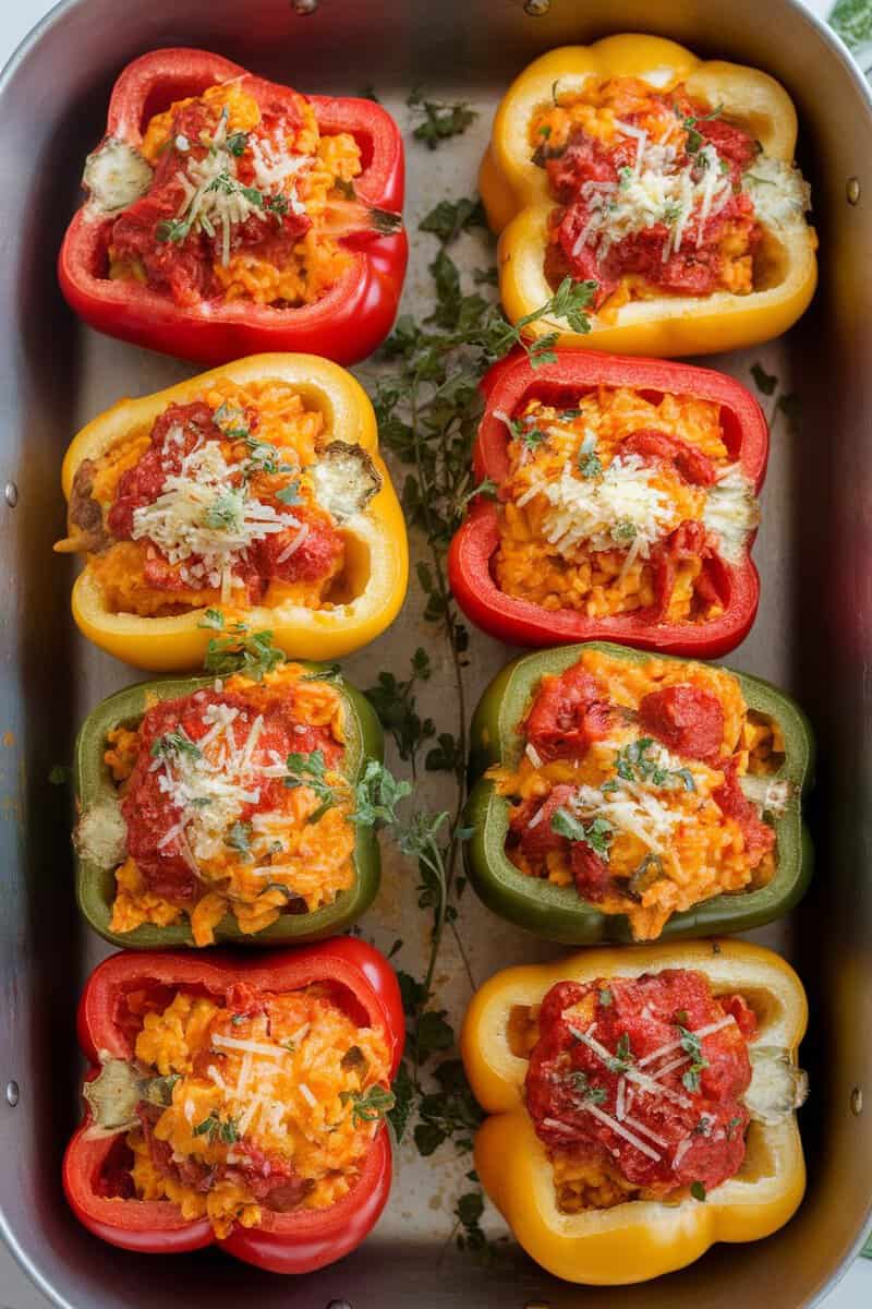 Mediterranean stuffed peppers filled with rice, tomatoes, and cheese.