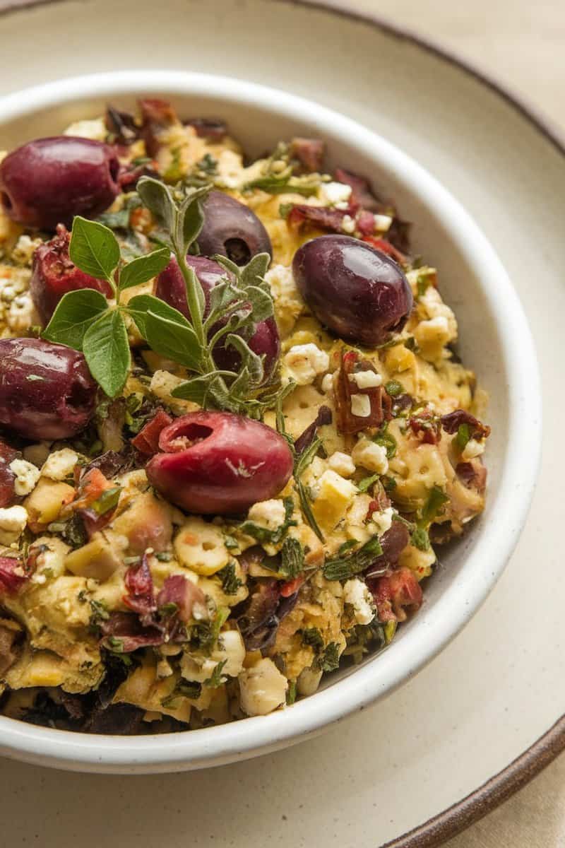 A bowl of Mediterranean stuffing with olives and feta, garnished with fresh herbs.