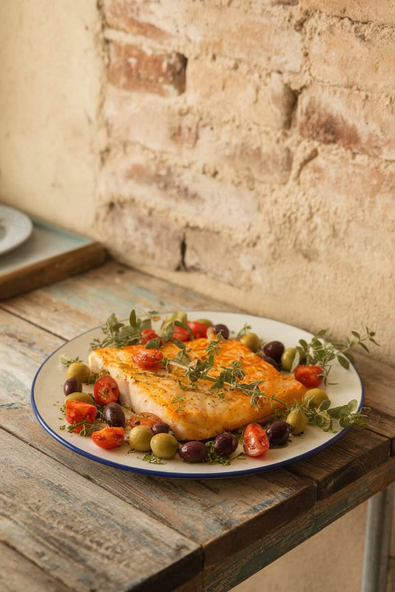 Baked Mediterranean sole with olives and cherry tomatoes