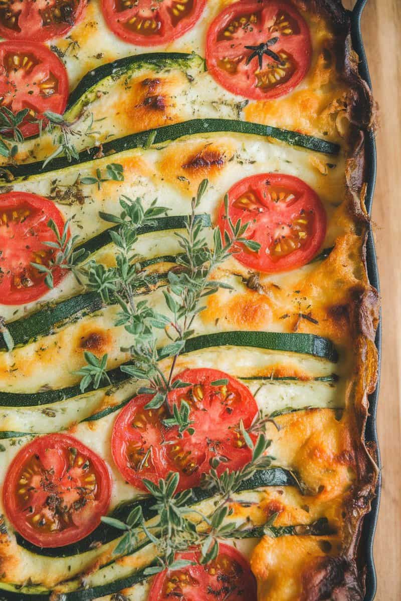 A delicious Mediterranean Tomato and Zucchini Gratin with layers of zucchini and tomatoes topped with mozzarella cheese and fresh herbs.