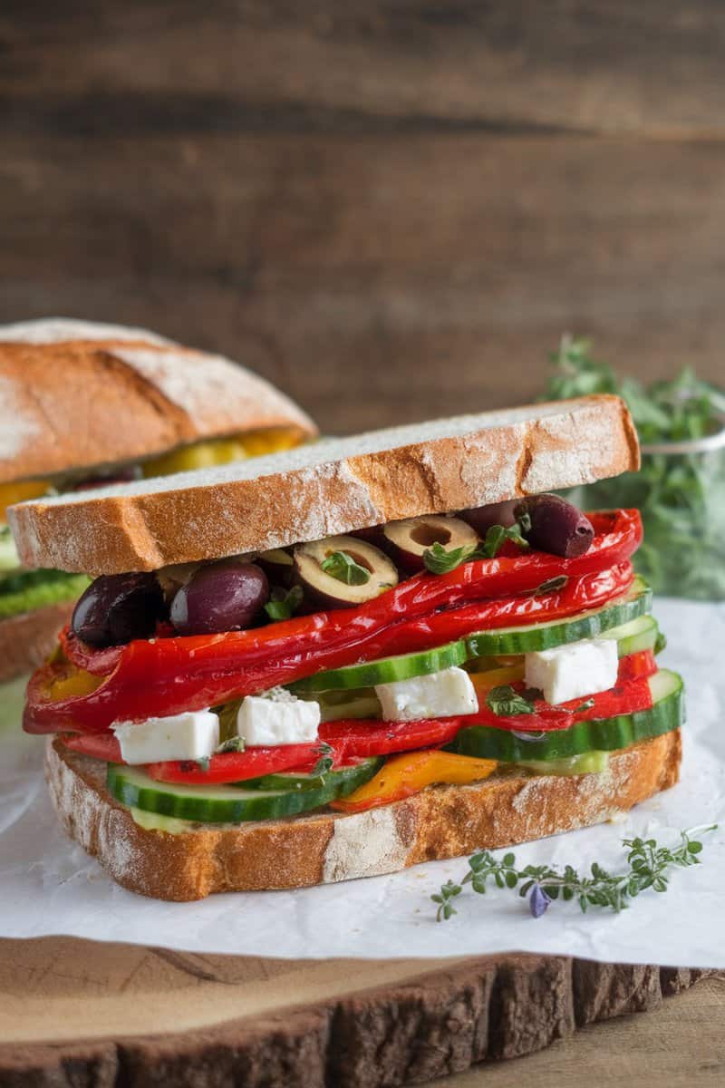 A Mediterranean veggie sandwich on sourdough with cucumbers, roasted red peppers, olives, and feta cheese.