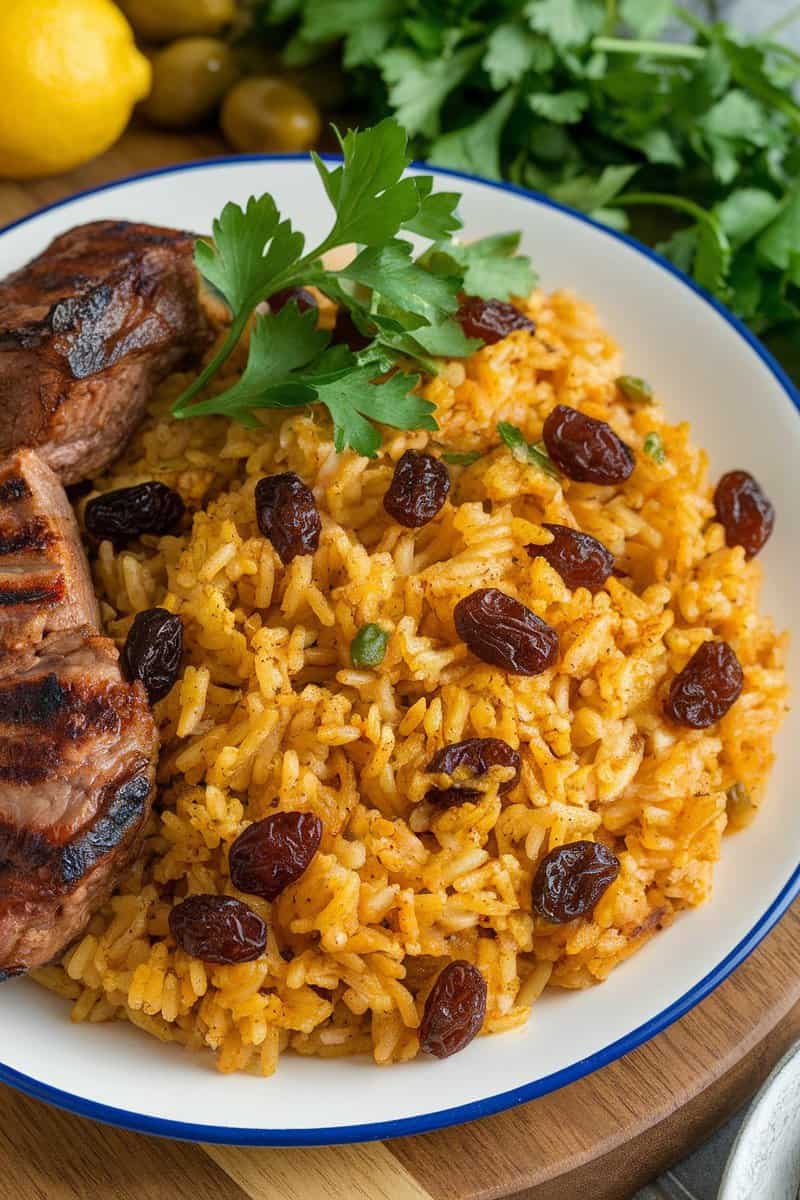 A bowl of Middle Eastern spiced rice with raisins, garnished with fresh parsley.