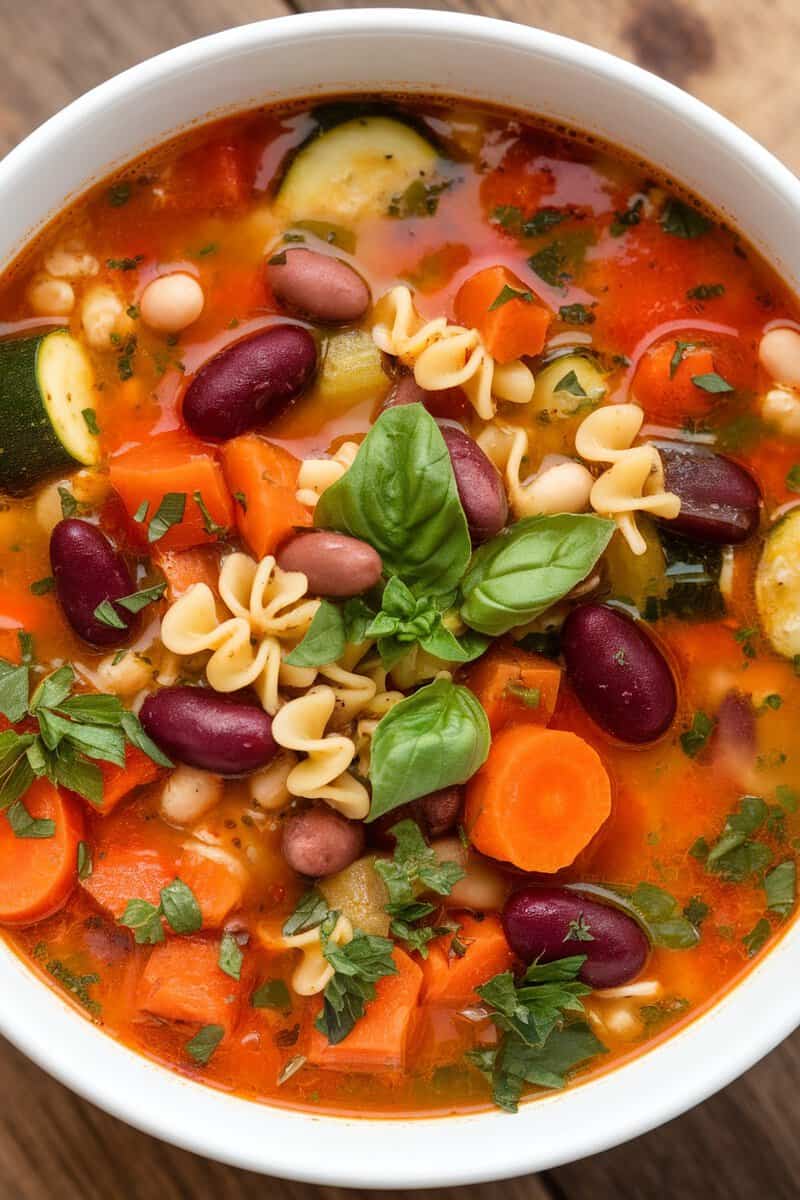 A bowl of colorful minestrone soup with pasta, beans, and fresh herbs.