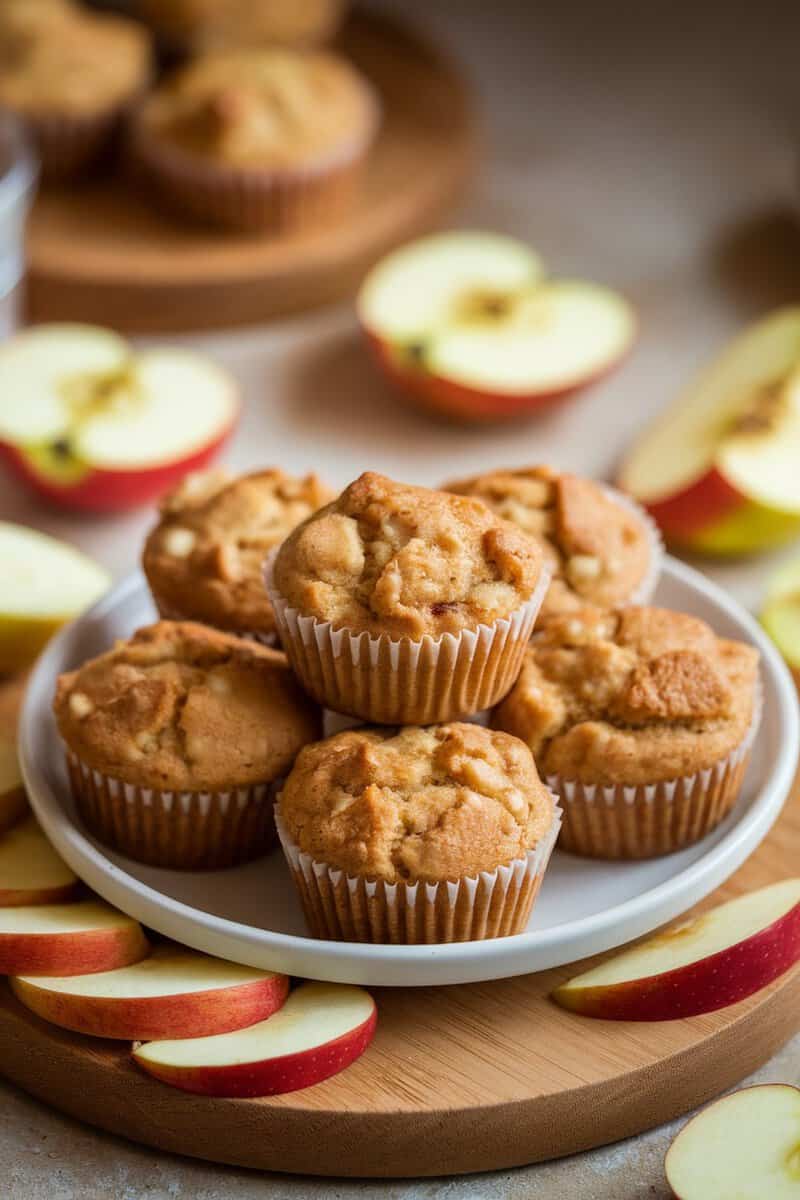 A plate of mini apple muffins surrounded by sliced apples, perfect for snacking.