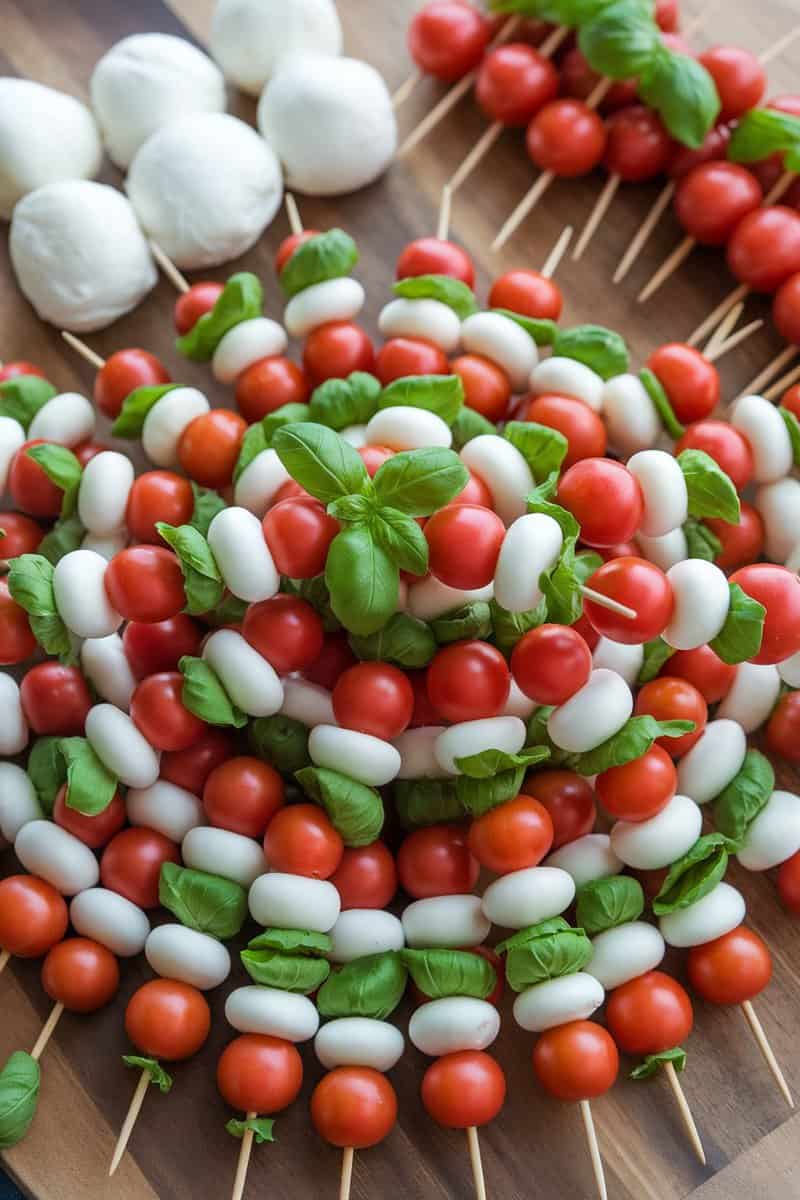 Mini caprese skewers with cherry tomatoes, mozzarella, and basil on a wooden platter.