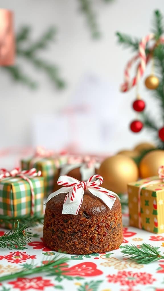 Mini fruitcakes decorated with ribbons surrounded by festive decorations