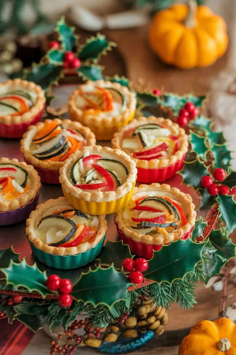 Mini quiches with seasonal veggies arranged on a festive platter