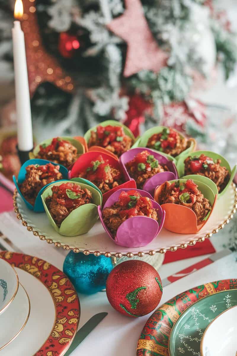 Colorful mini taco cups topped with salsa and green onions, served on a festive platter.