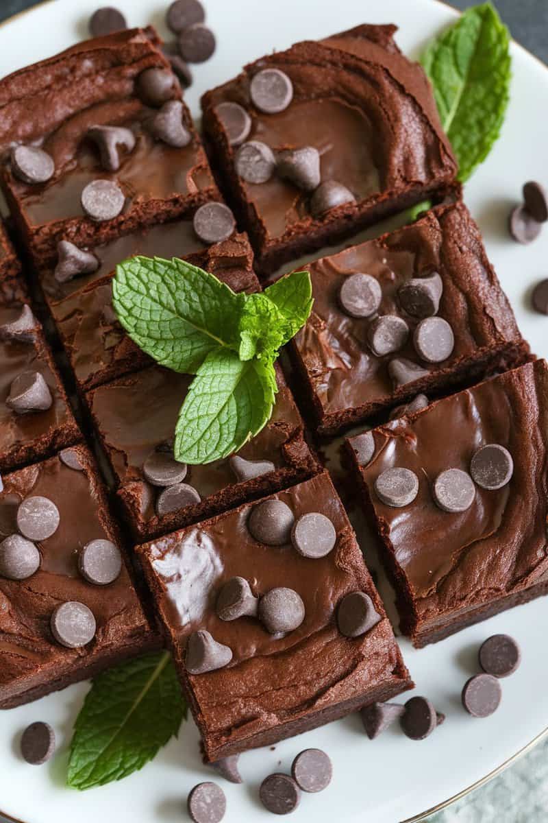 Mint chocolate chip brownies with chocolate frosting and mint leaves