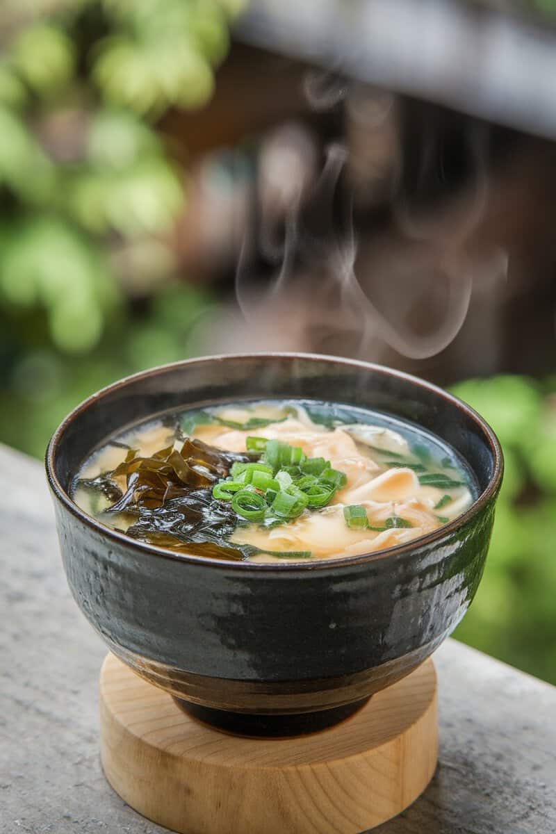 A steaming bowl of miso soup with seaweed, mushrooms, and green onions