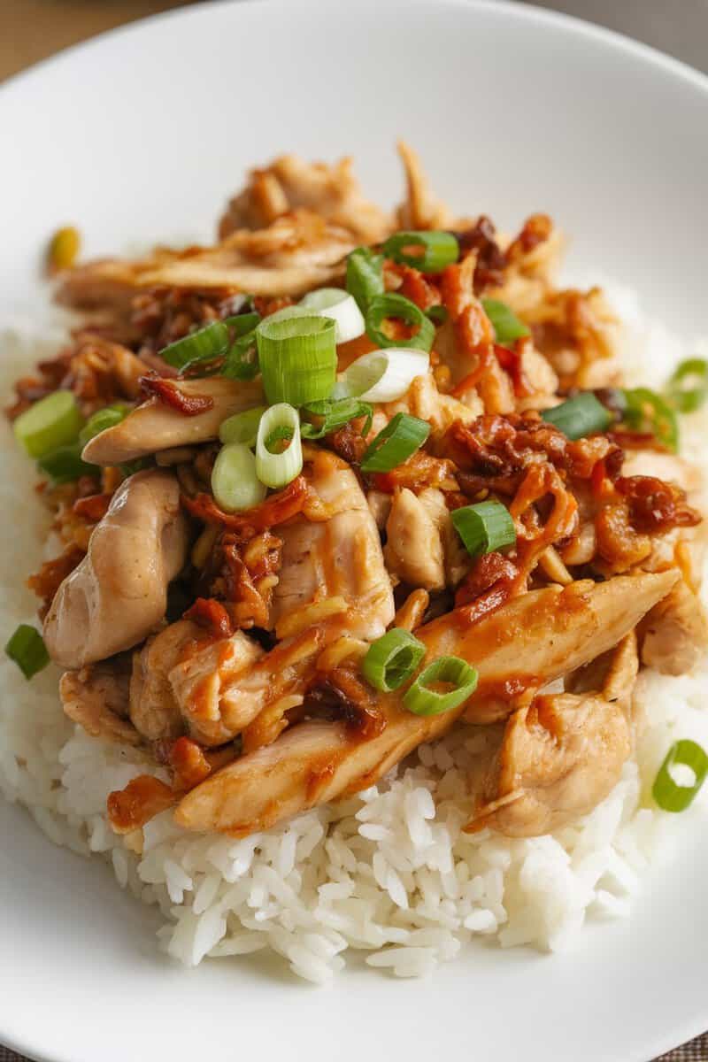 A plate of Mongolian Chicken with green onions served over rice.