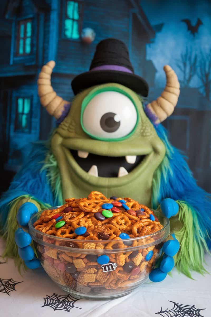 A bowl of Monster Munch Chex Mix with pretzels and M&Ms held by a playful monster figure