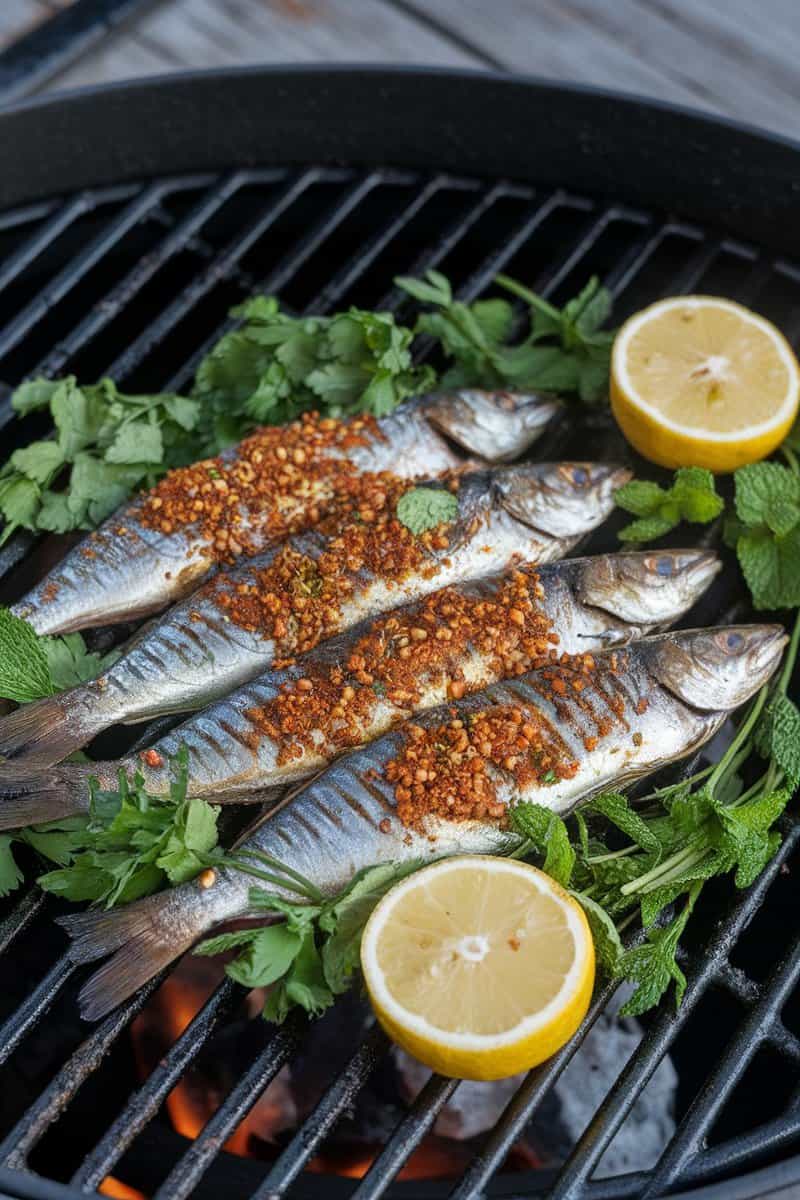 Grilled sardines with Moroccan spices on a barbecue grill