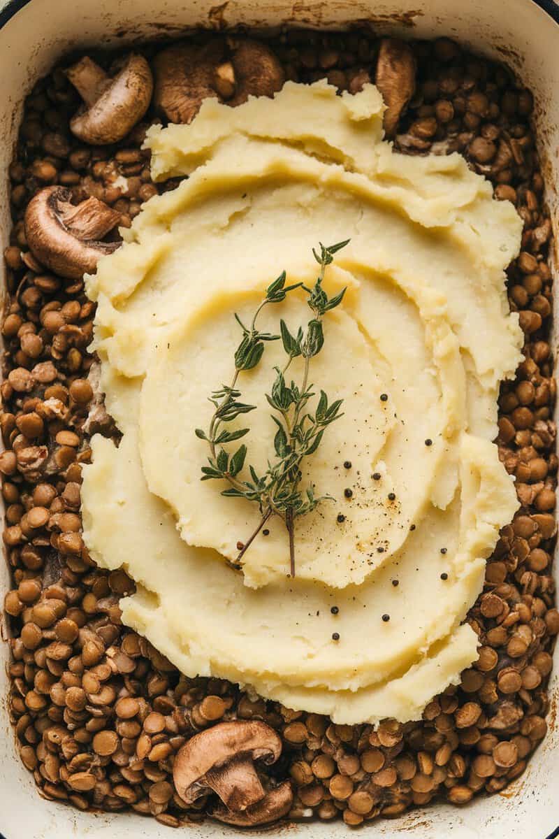 Mushroom and Lentil Shepherd's Pie with mashed potatoes and lentils