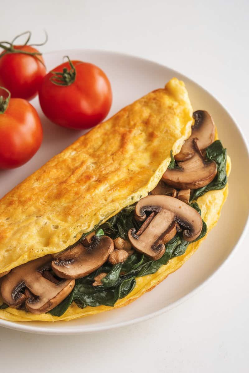 A delicious mushroom and spinach omelette served with fresh tomatoes.