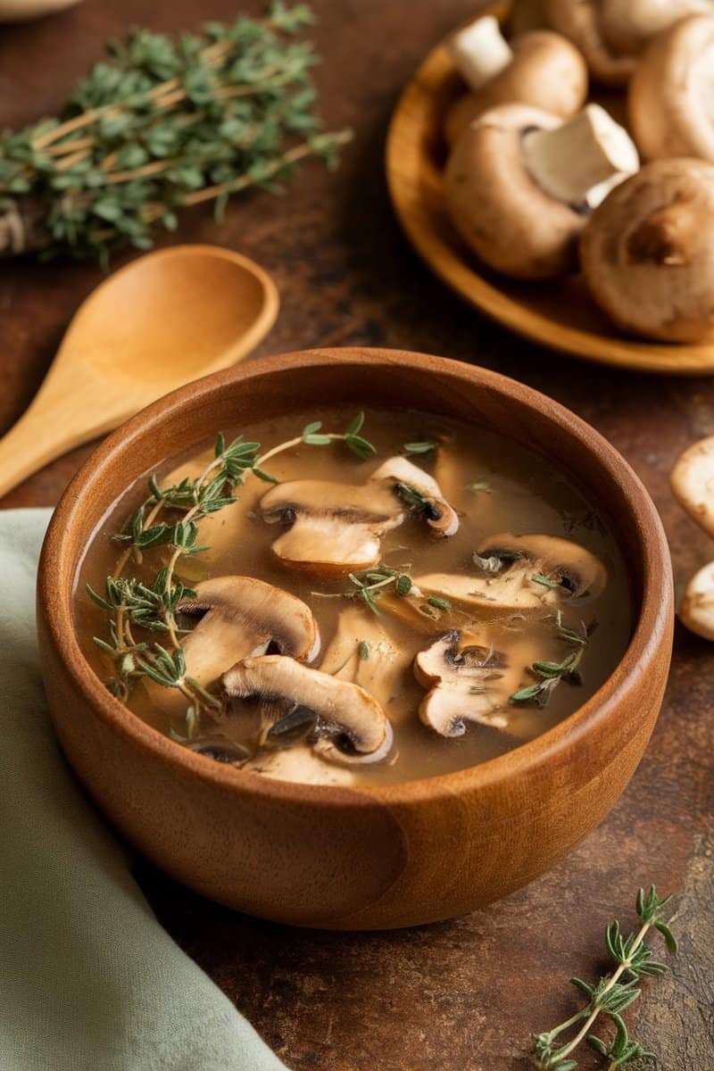 A wooden bowl filled with mushroom and thyme broth, surrounded by fresh thyme and mushrooms.