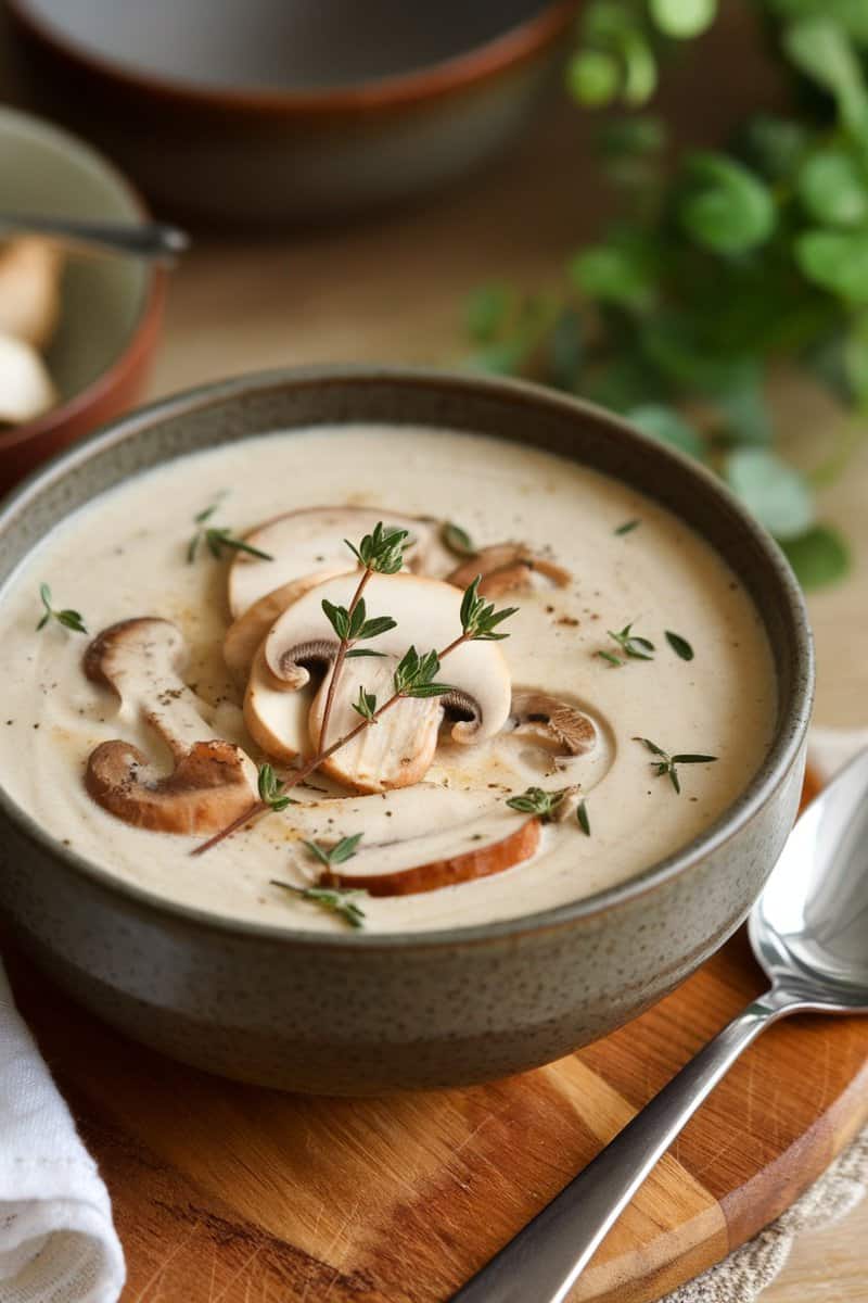 A bowl of creamy mushroom soup garnished with fresh thyme, showcasing a cozy Thanksgiving dish.