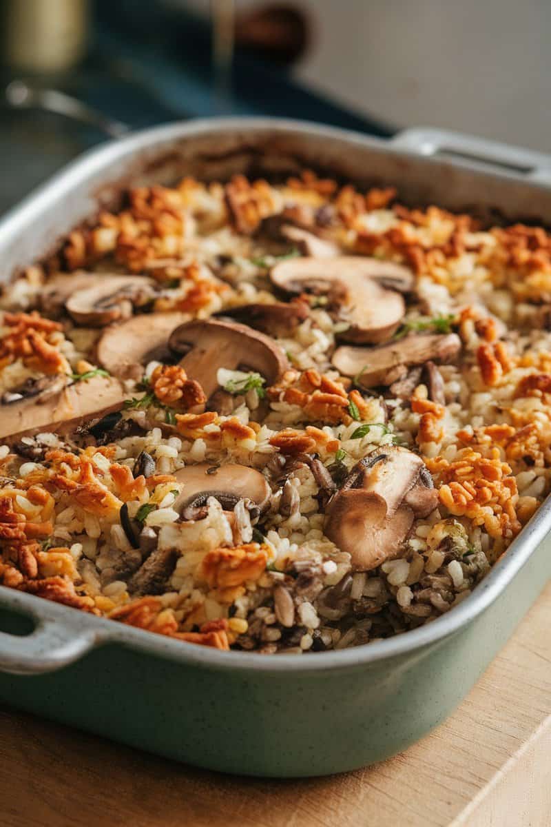 A casserole dish filled with mushroom and wild rice casserole topped with a golden crust.