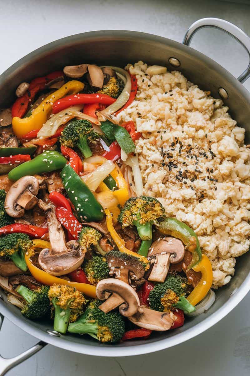 A vibrant mushroom cauliflower rice stir-fry with assorted vegetables.