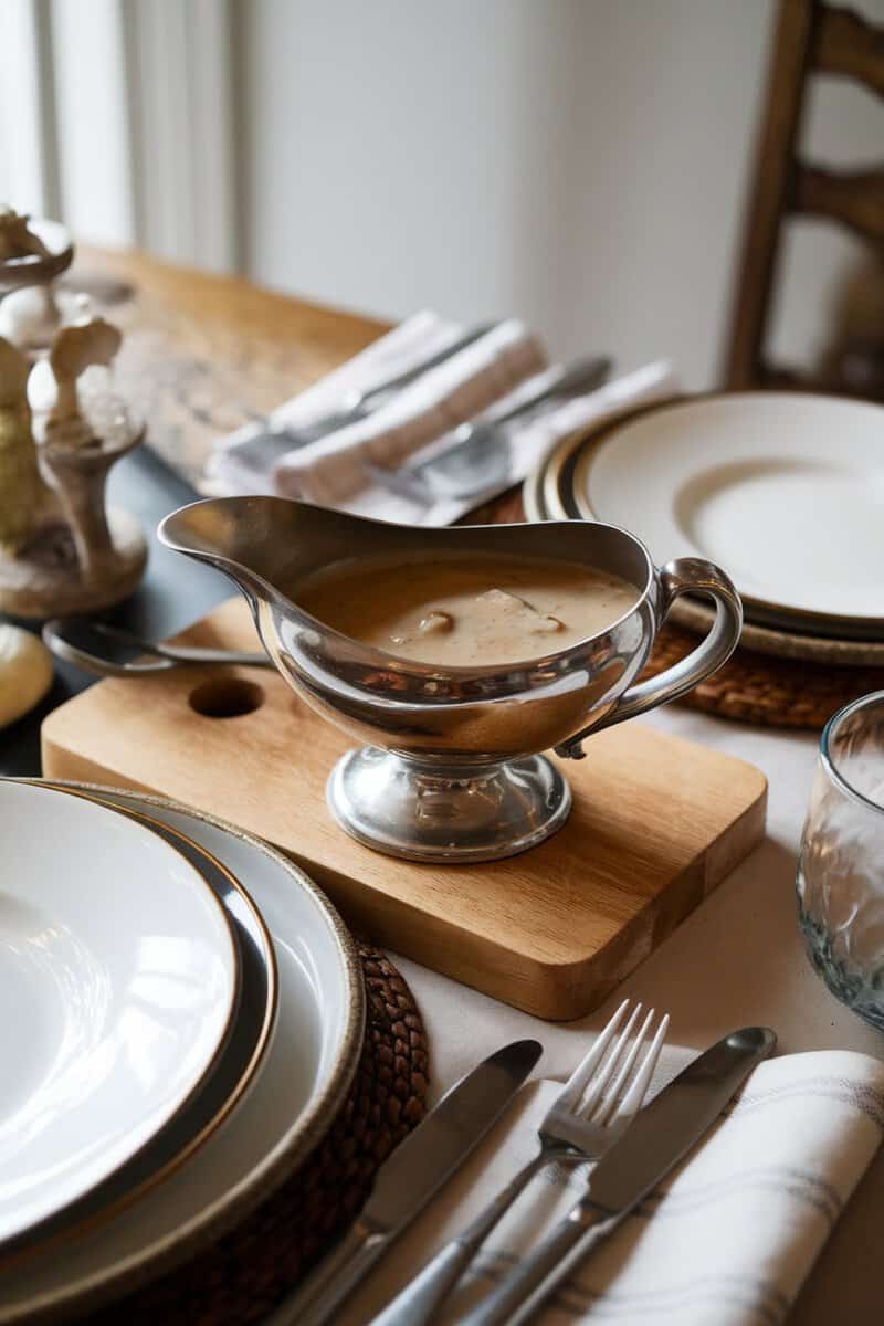 A silver gravy boat filled with mushroom gravy, placed on a wooden board, surrounded by elegant dinnerware.