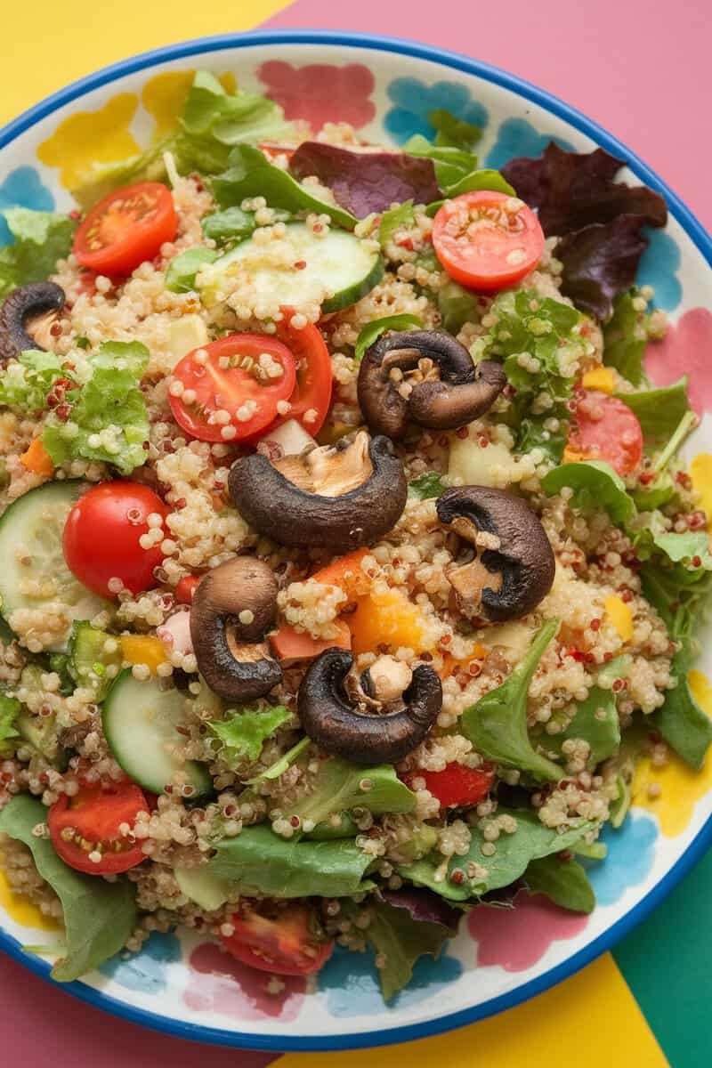 A colorful mushroom quinoa salad with fresh vegetables.