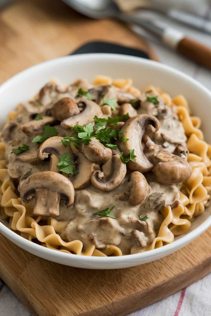 A bowl of mushroom stroganoff served over whole wheat noodles, garnished with parsley.