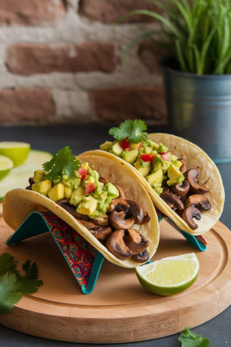 Mushroom tacos filled with avocado salsa and garnished with cilantro