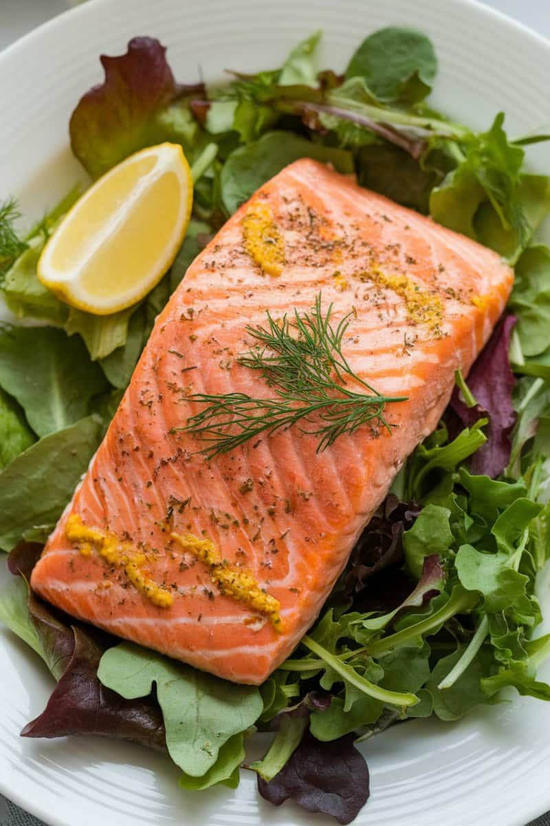 Baked salmon fillet topped with mustard and dill on a bed of greens with lemon slices.