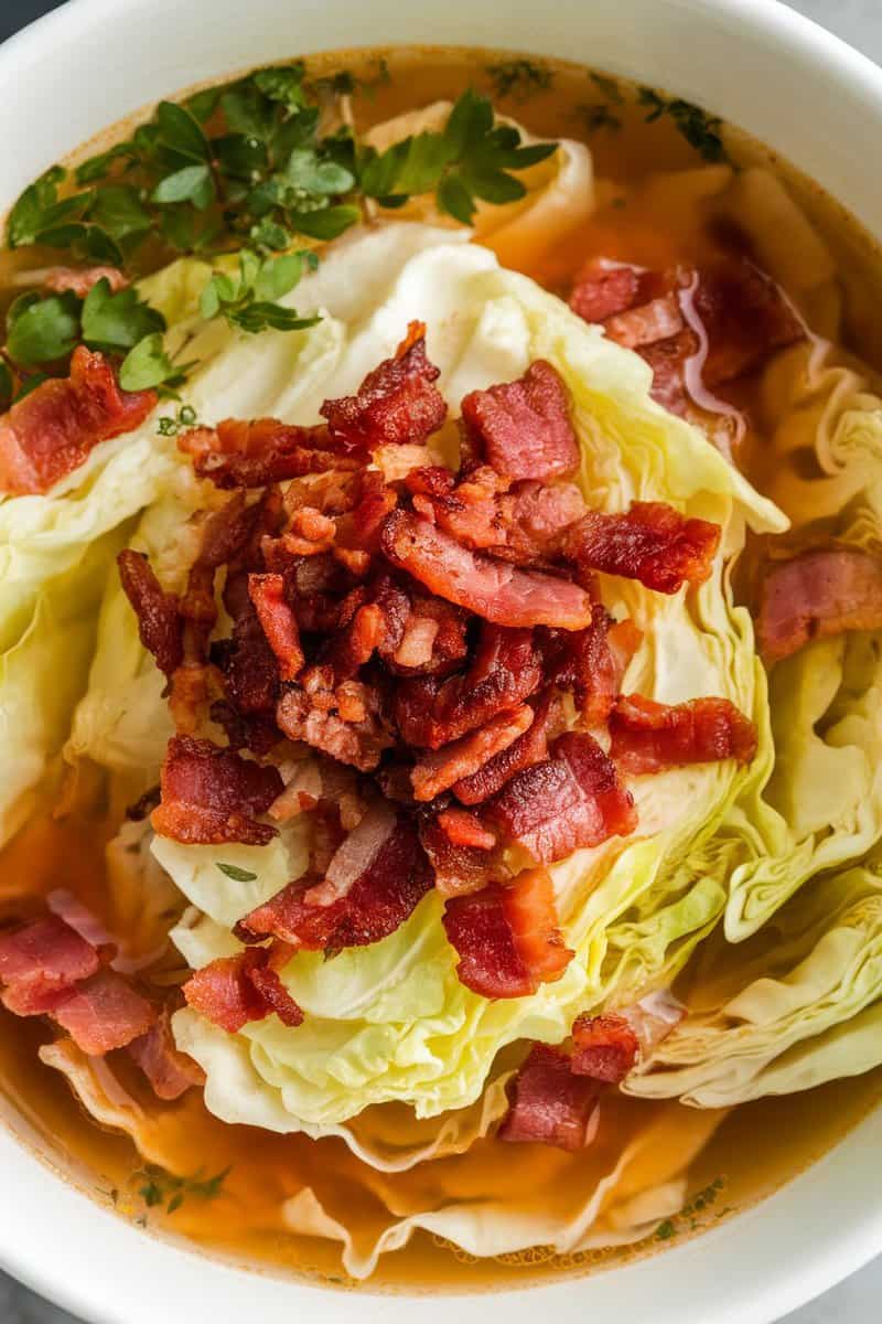 A bowl of napa cabbage and bacon soup topped with crispy bacon and parsley.