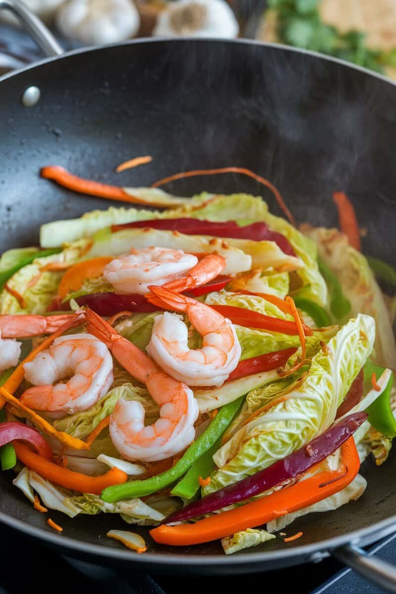 Stir-fried Napa cabbage with shrimp and colorful vegetables