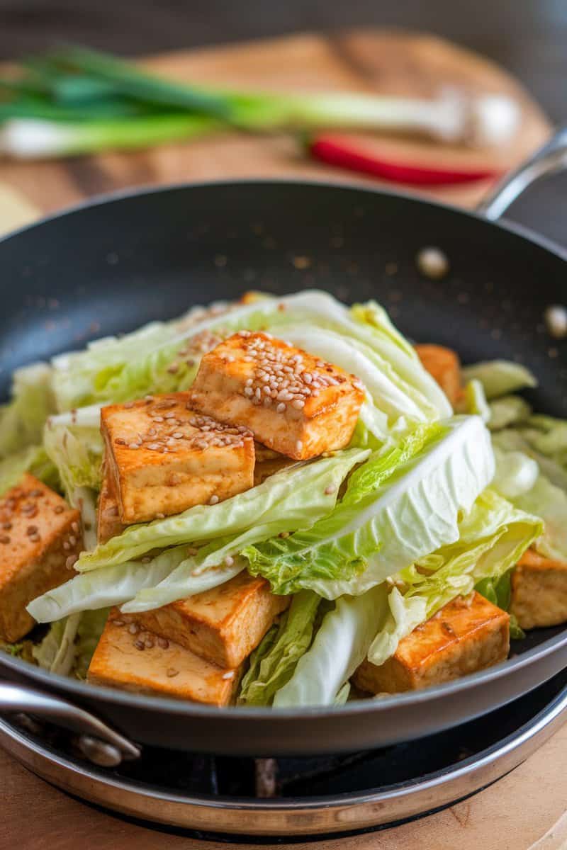 A delicious stir-fry featuring napa cabbage and tofu.