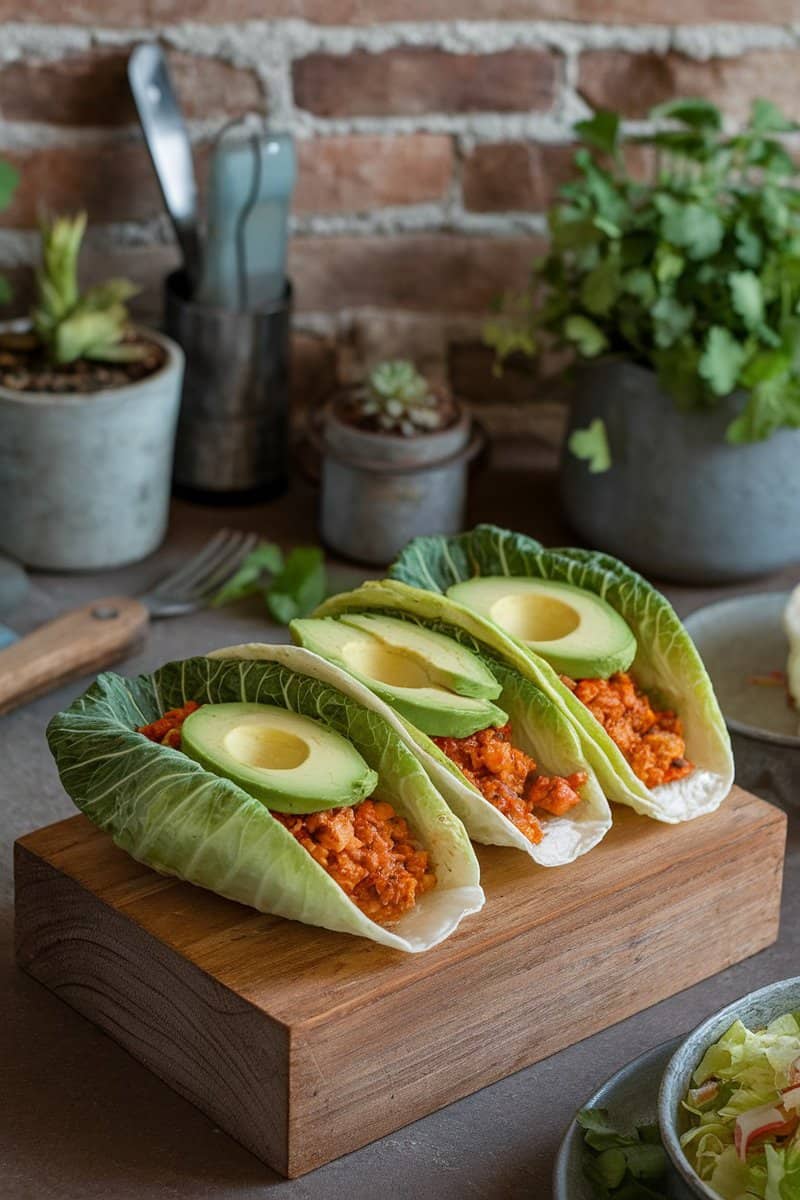 Napa cabbage tacos filled with ground meat and topped with avocado slices.