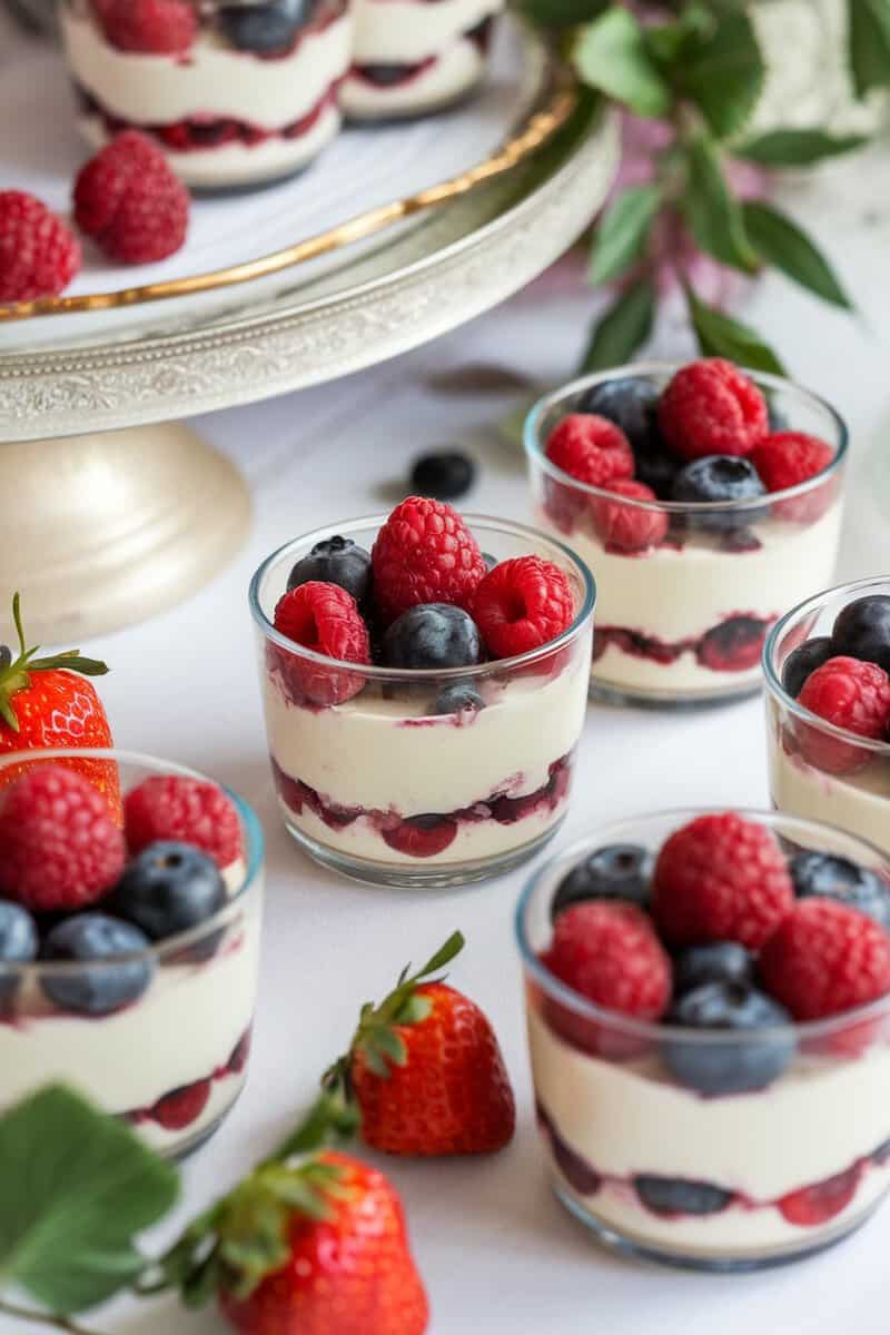 No-bake berry cheesecake cups in clear glasses with layers of cheesecake and berries