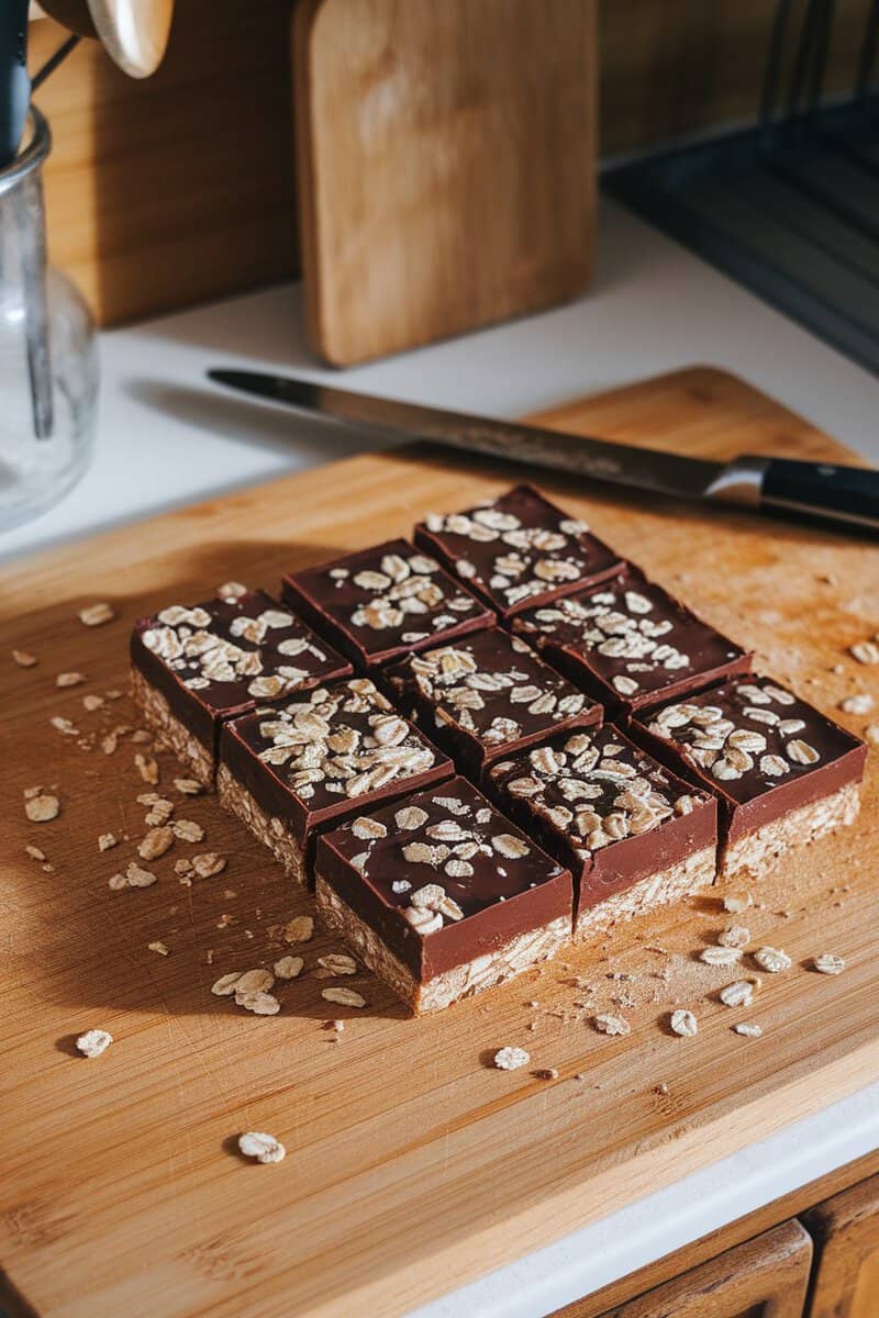 No-bake chocolate oat bars cut into squares with oats sprinkled on top.