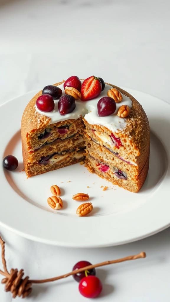 A beautiful no-bake fruitcake decorated with fresh fruits and nuts.