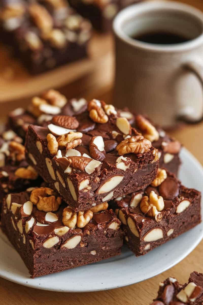 A stack of fudgy brownies topped with nuts, served with a cup of coffee.