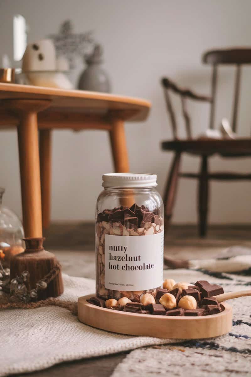 A jar of Nutty Hazelnut Hot Chocolate mix with chocolate pieces and hazelnuts on a wooden plate.