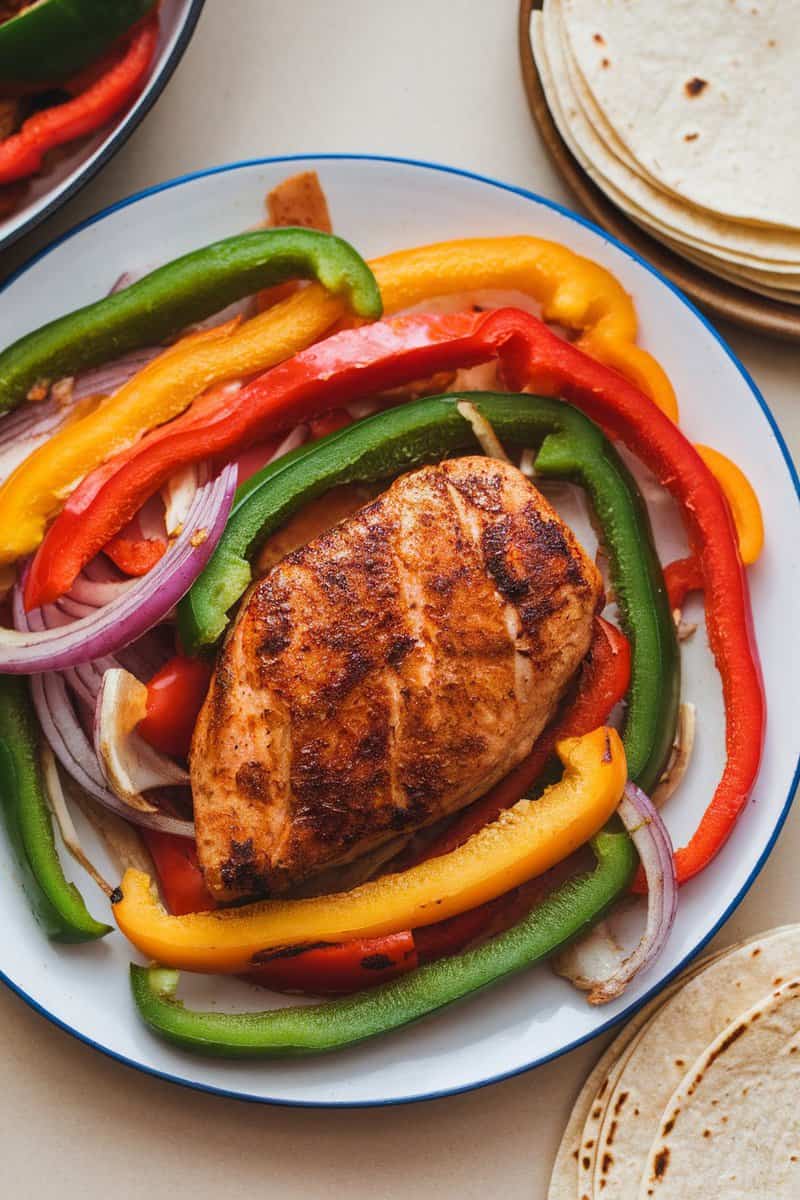 A plate of delicious chicken fajitas with colorful bell peppers and tortillas