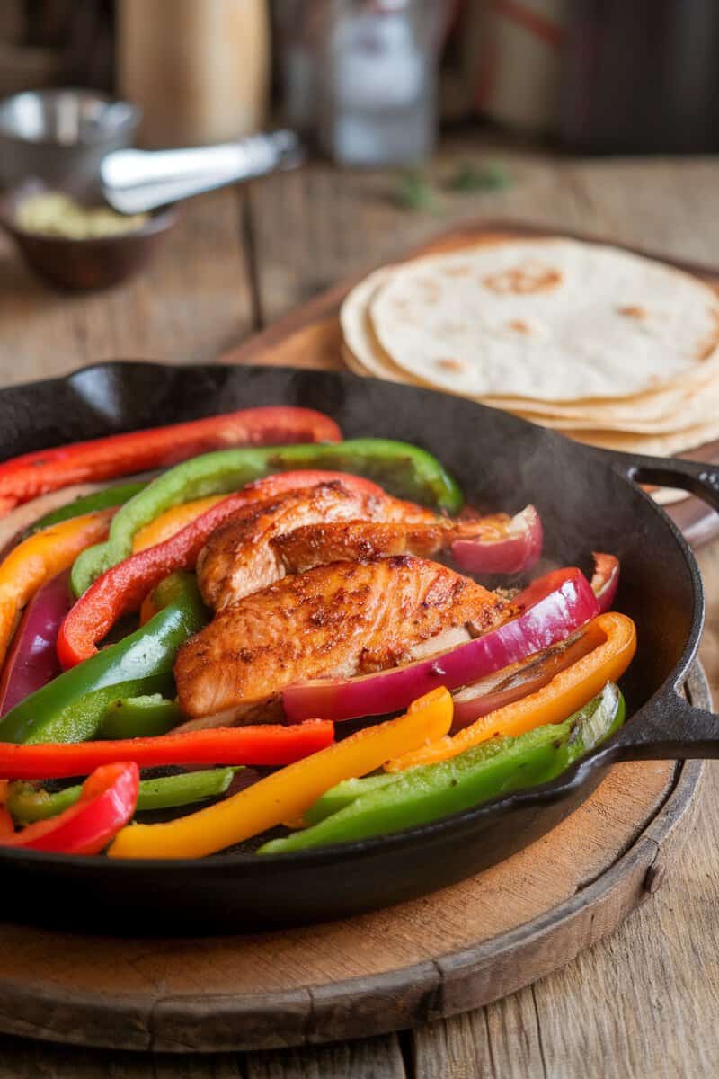 Delicious chicken fajitas with colorful bell peppers in a skillet.