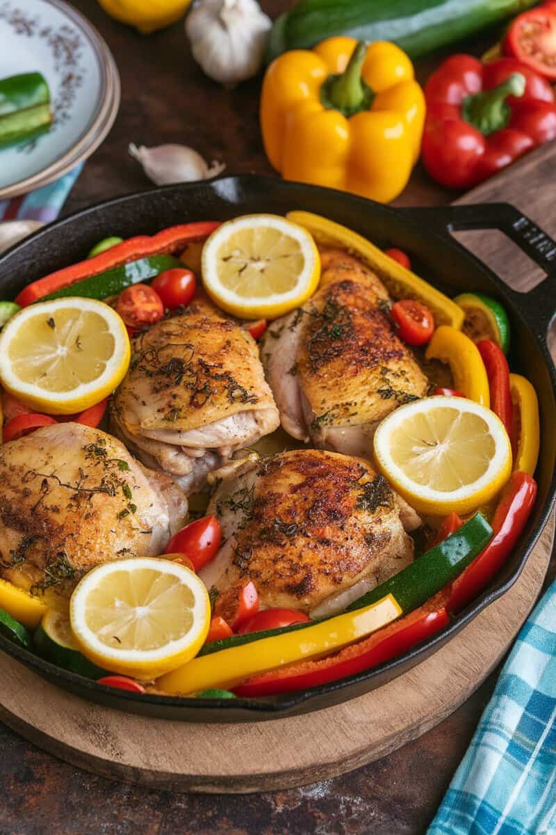 One-pan lemon garlic chicken thighs with colorful vegetables and lemon slices.