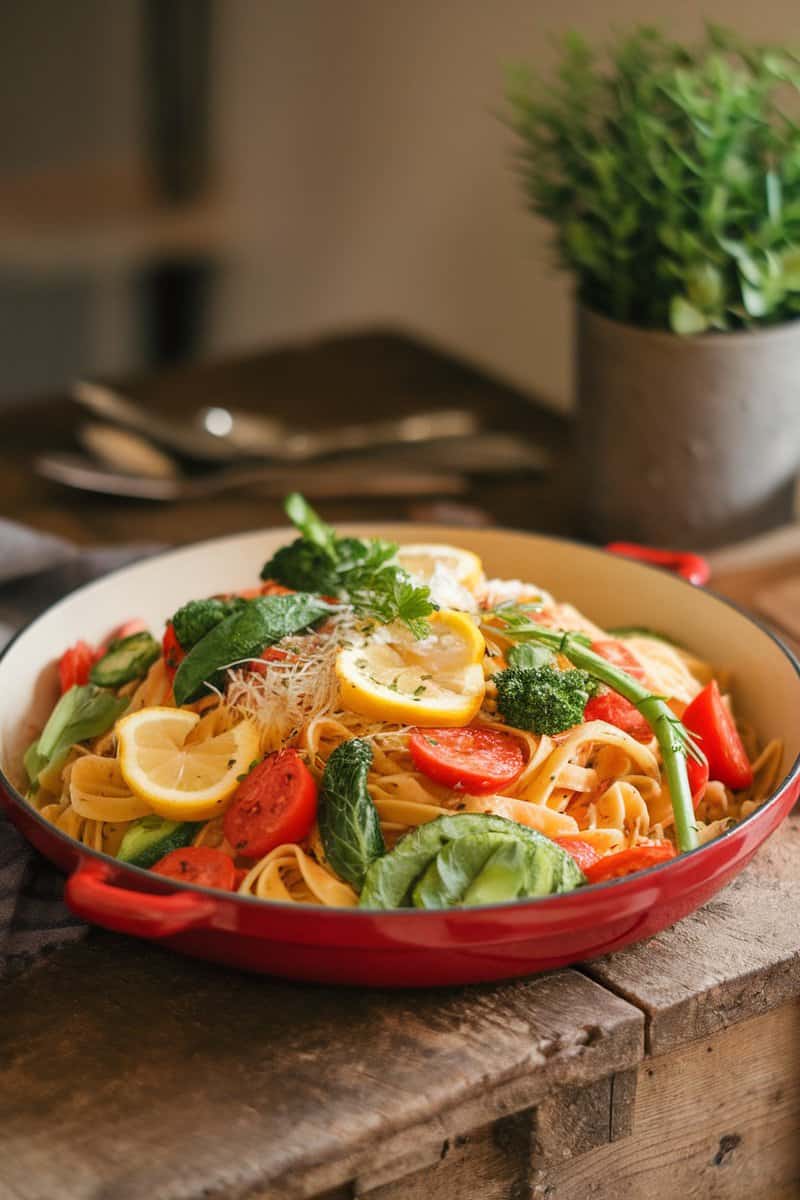 A colorful bowl of lemon garlic pasta with vegetables