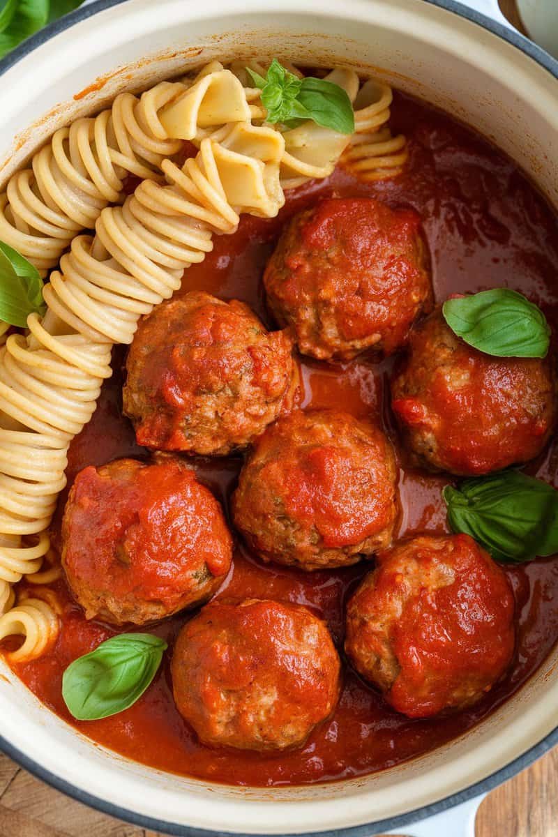 A pot filled with meatballs and spaghetti in tomato sauce.