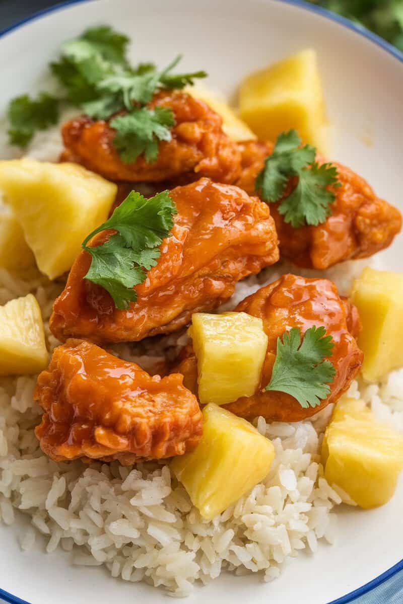 Dish of orange chicken with pineapple served over rice, garnished with green onions.