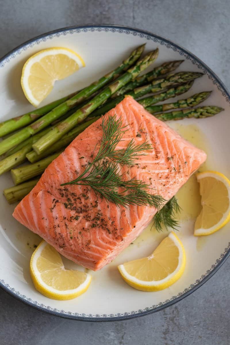 Oven-baked salmon with dill served with lemon slices and asparagus